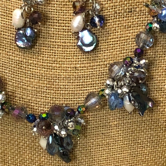 Gray, Purple Freshwater Pearl And Crystal Cluster Necklace , Earring Set 19+2 “ - Picture 3 of 6